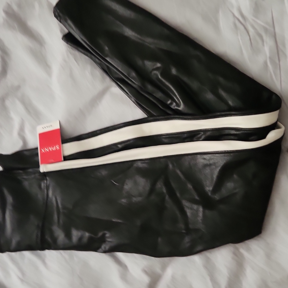 SPANX Shiny Black Leggings with White Stripe - Picture 4 of 5